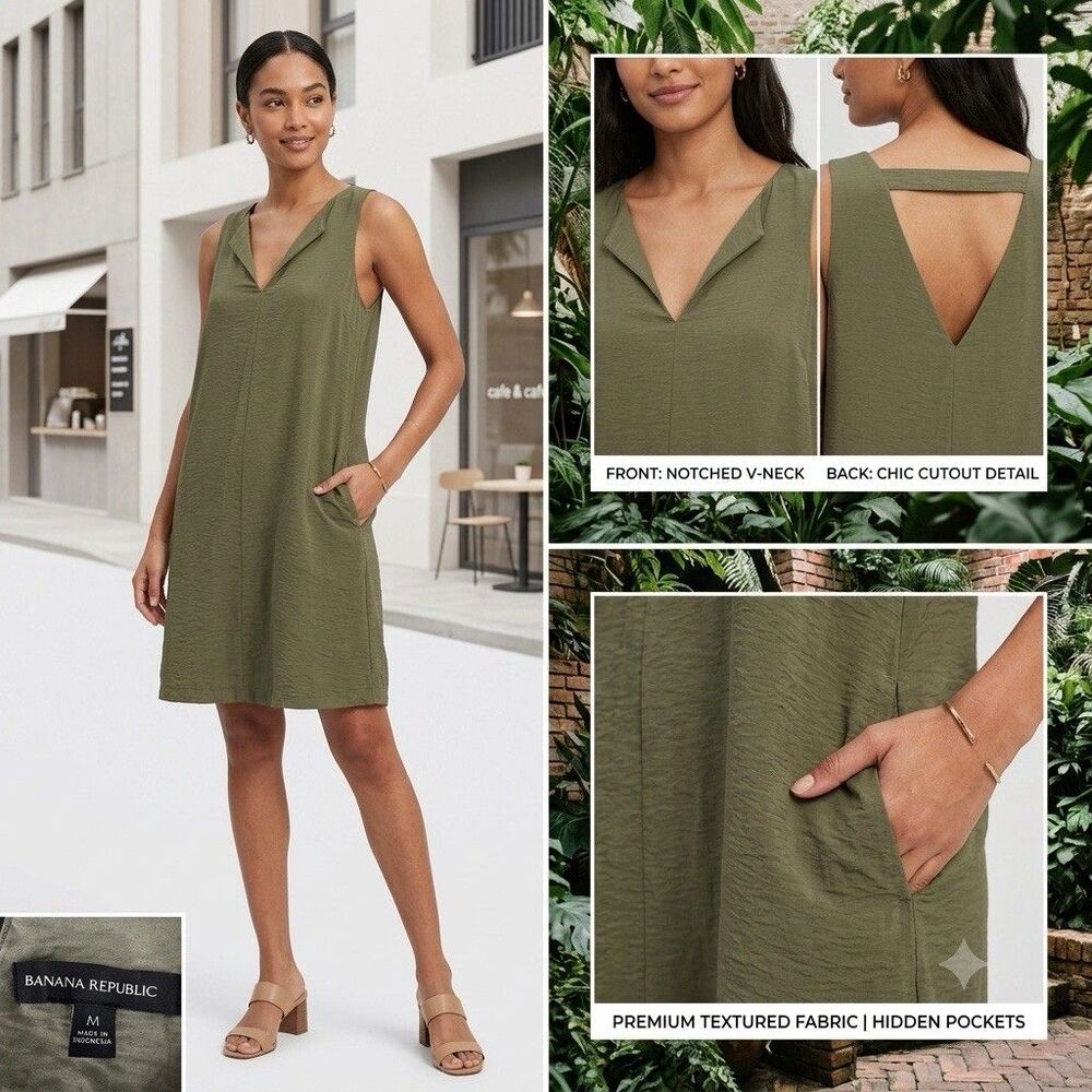 Banana Republic Olive Green Textured V-Neck Shift Dress with Pockets – Size M